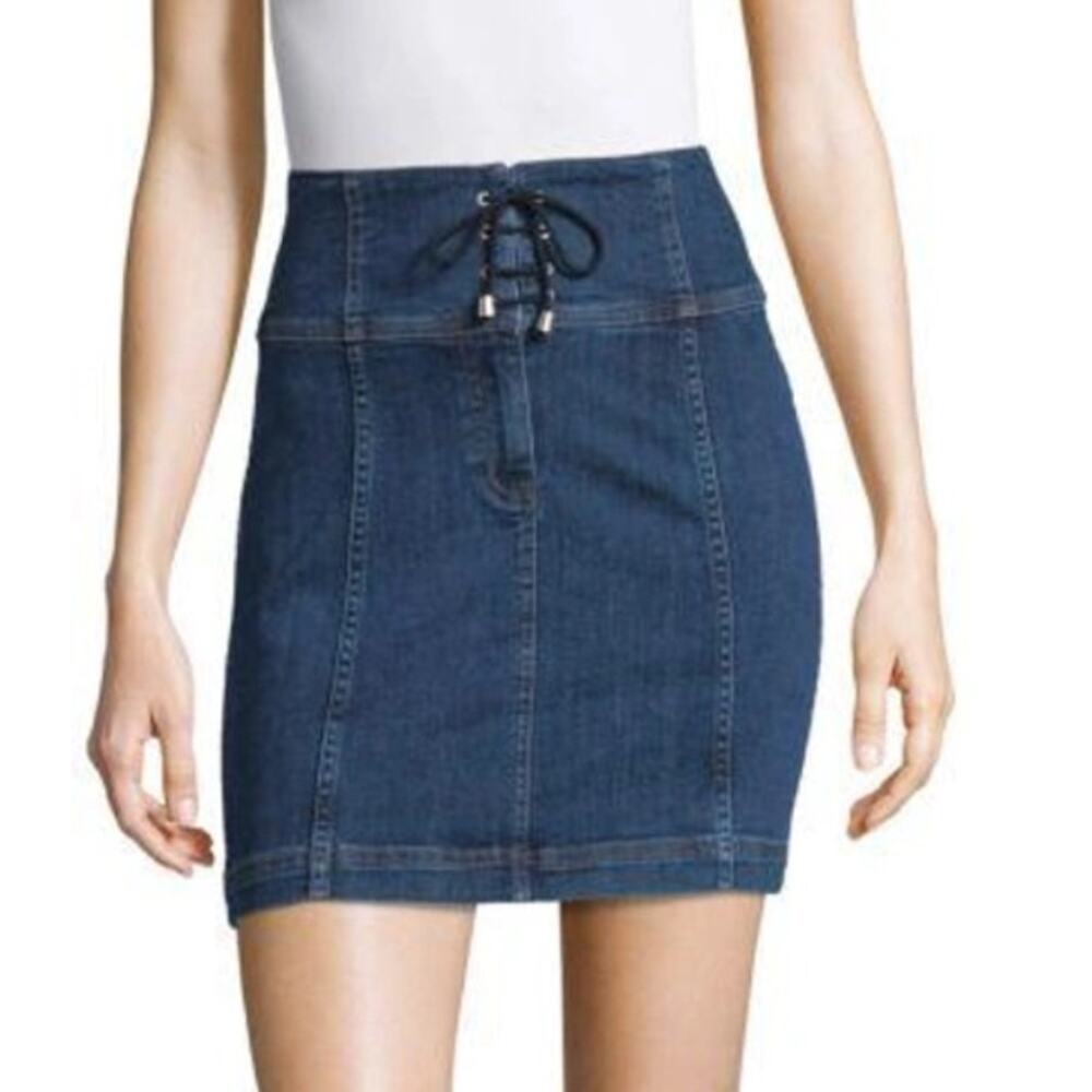 Free People Denim Mini Skirt 4 NEW Modern Femme Corset Blue Skirt Lace Upโ Boho